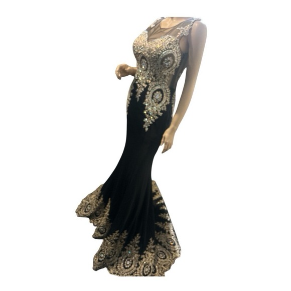 Shail K Rhinestone Mesh  Black Gold Evening Gown  W/ Train  Size 10 Prom - Picture 12 of 14